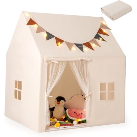 GOPLUS Tente de Jeux pour 3 Enfants, Maison de Jeu Tente avec Tapis Rembourré Lavable, Guirlande Lumineuse et Drapeaux, Cabane Enfant Intérieure vec Rideaux en Maille, pour 3+ Ans