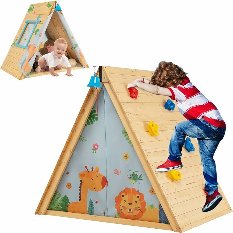 Goplus - Tente de Jeux Triangulaire Maison de Jeux pour Enfants 3-8 Ans et Escalade Tente de Jeux en Bois avec Mur d'escalade, Cloche Suspendue,