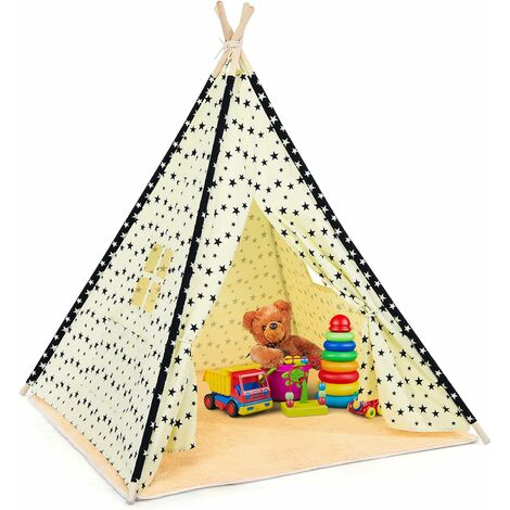 GOPLUS Tipi/Tente Indienne,Tipi Enfant avec Tapis Rembourre , Grande Maison de Jeu Pliable Solides Interieure et Exterieure en Toile en Coton Tente de Jeu pour Enfants(Beige)