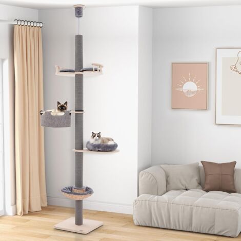 GOPLUS Tiragraffi Albero per Gatti a Soffitto Regolabile in Altezza a 5 Livelli, Altezza 236-271 cm, con Pali Graffiati Avvolti, Amaca Accogliente, Letto Cesto, Cuscini Morbidi Rimovibili