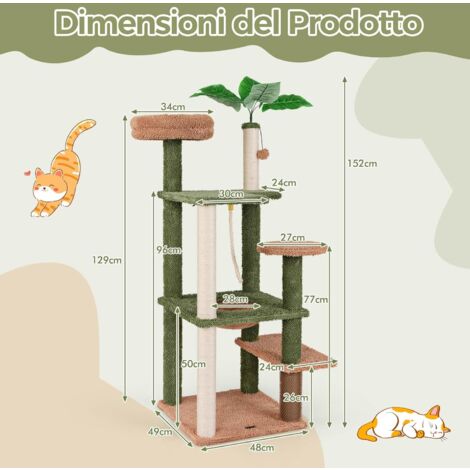 GOPLUS Tiragraffi Albero per Gatti Alto 152 cm, Torre per Gatti con Estetica di Pianta Verde con Foglie Artificiali, Posto di Osservazione, Posti per Graffiare in Sisal, Albero Attività a Più Livelli