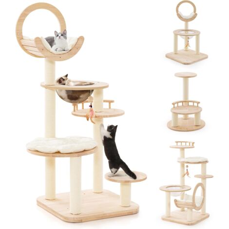 GOPLUS Tiragraffi Albero per Gatti in Legno Massiccio, Trasformabile 4 in 1, con Nido a Capsula Spaziale, Lettino Curvo, Cuscini Lavabili, Pali Graffiatoi, Piume, 60 x 60 x 146 cm