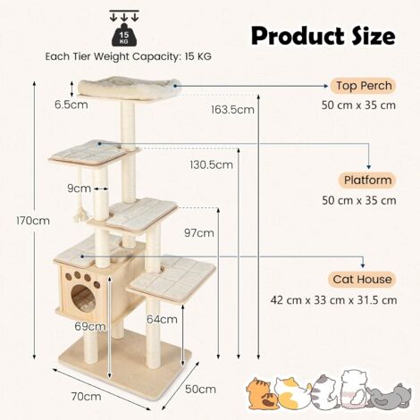 GOPLUS Tiragraffi per Gatti, 70 x 50 x 170 cm, Carico 15 kg, Tronchi in Sisal, Cuscino Rimovibile Lavabile, Ideale per Gatti Grandi Adulti (Stile 8)