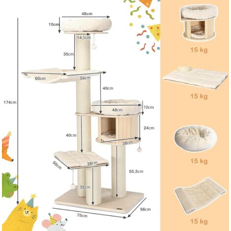 GOPLUS Tiragraffi per Gatti, 75 x 56 x 174 cm, Carico 20 kg, Tronchi in Sisal, Cuscino Rimovibile Lavabile, Ideale per Gatti Grandi Adulti (Stile 10)