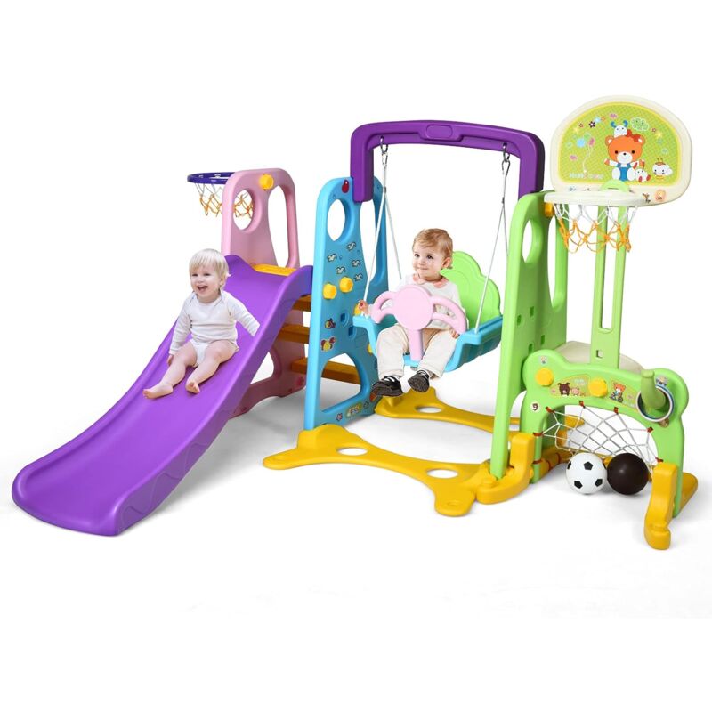 Tobbogan et Balancoire pour Enfants 6 en 1 avec Divertissements Multiples (Basketball et Football), Aire de Jeu Multifonctionnel pour Interieur et