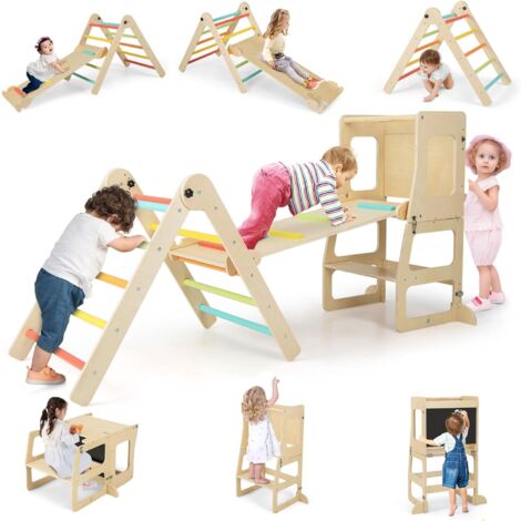 Goplus – Toboggan 7 en 1 avec triangle d'escalade Montessori – Escabeau convertible et table chaise – Dimensions ajustables pour 3-14 ans – Multicolore - 3-14Ans