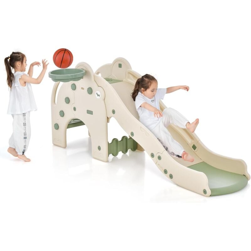 Goplus - Toboggan Enfant 4 en 1 Forme d'Éléphant avec Panier de Basket et Ballon, Zone Tampon, pour Bébé 1,5-4 Ans,Charge 50KG, Beige