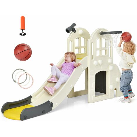 Goplus – Toboggan pour enfants 6 en 1 – Glissière 140 cm avec rail de protection haut – Mur d'escalade, tunnel, panier de basket, télescope – HDPE
