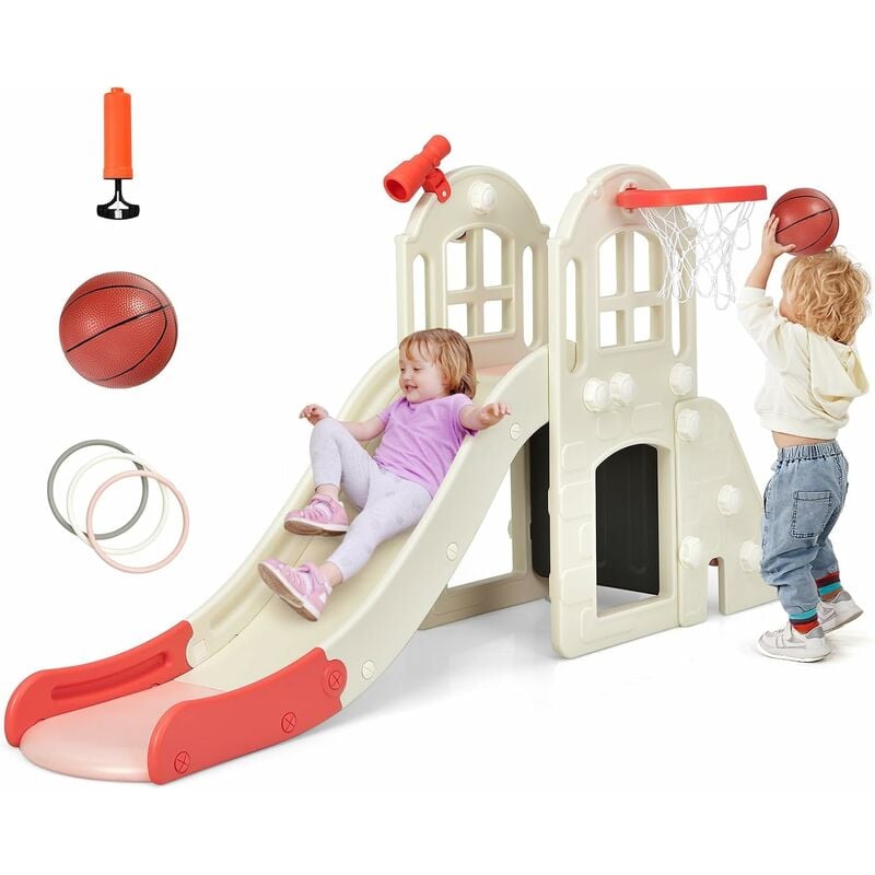 Toboggan pour Enfants, Glissière de Toboggan 6 en 1 avec Rail de Protection Haut, Pédale Détachable et Mur d'Escalade Pratique, Tunnel, Panier de
