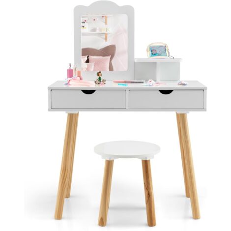 GOPLUS Toeletta da Trucco per Bambini con Sgabello, Tavolo da Trucco e Scrivania 2 in 1 con Specchio Rimovibile, 2 Cassetti, Mensola di Conservazione, Set Toeletta da Trucco e Sgabello, Bianco