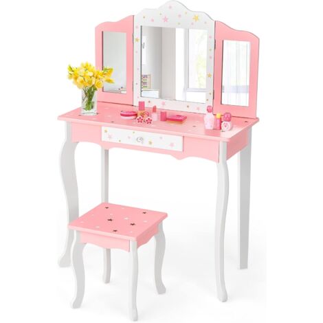 GOPLUS Toeletta per Bambini 2 in 1, con Sgabello Comodo, Specchio e Grande Cassetto, Struttura in Legno, Aspetto Carino, 70 x 34 x 104,5 cm (Stile 2)