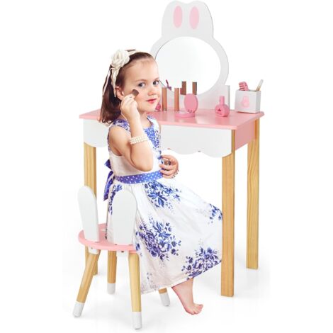 GOPLUS Toletta da Trucco per Bambini, Tavolo Giocattolo con Sedia e Specchio, Design a Forma di Coniglio con Cassetto e 2 Scomparti, Parzialmente in Legno Massiccio, Colori Vivaci, 60x34x103, (Stile 1