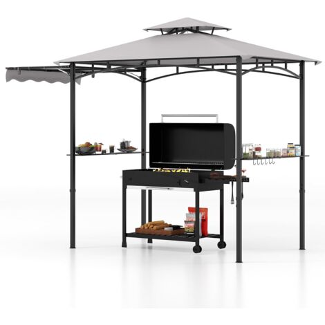 Goplus – Tonnelle barbecue avec auvent latéral – Dimensions 318x153x250cm – Tissu polyester ignifuge – 2 étagères et 12 crochets de suspension