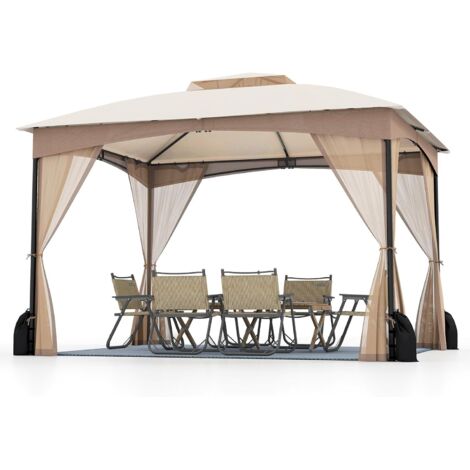 GOPLUS Tonnelle de Jardin Exterieur 3 x 3,6 m avec Moustiquaire, Lestage Poids, Pergola de Jardin Toit Double Ventilé, Piquets de Sol et 4 Sacs de Sable (3x3,6MBeige)