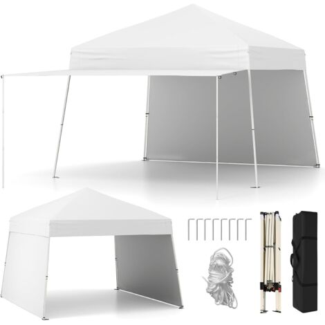 GOPLUS Tonnelle de Jardin Exterieur 430 x 280 x 254/264 CM, avec 2 Parois Latérales, Tente Pliante Montage Facile, Abri Solaire Extérieur avec Pieds Ajustables, 8 Piquets, 4 Cordes, Sac (Blanc)