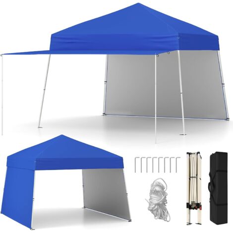 GOPLUS Tonnelle de Jardin Exterieur 430 x 280 x 254/264 CM, avec 2 Parois Latérales, Tente Pliante Montage Facile, Abri Solaire Extérieur avec Pieds Ajustables, 8 Piquets, 4 Cordes, Sac (Bleu)