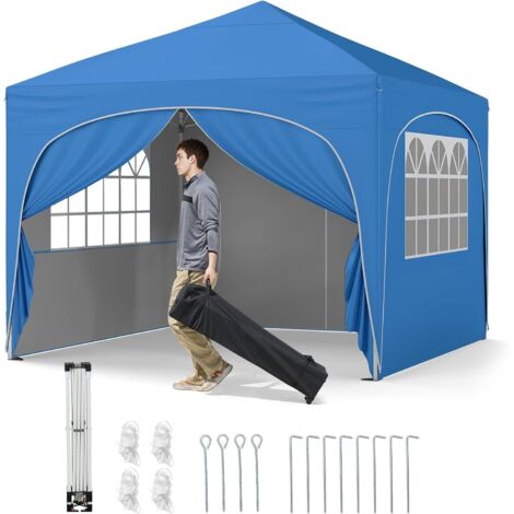 GOPLUS Tonnelle de Jardin Exterieur, Tonnelle Pliante 3 x 3 M Tente Portable Gazebo avec Poids Lestage, Parois Latérales, Abri Solaire Extérieur avec Sac roulettes, 4 Cordes/Ancres, 8 Piquets (Bleu)