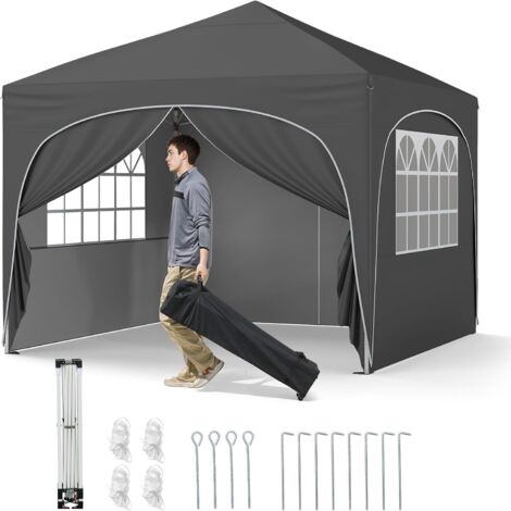 GOPLUS Tonnelle de Jardin Exterieur, Tonnelle Pliante 3 x 3 M Tente Portable Gazebo avec Poids Lestage, Parois Latérales, Abri Solaire Extérieur avec Sac roulettes, 4 Cordes/Ancres, 8 Piquets (Gris)