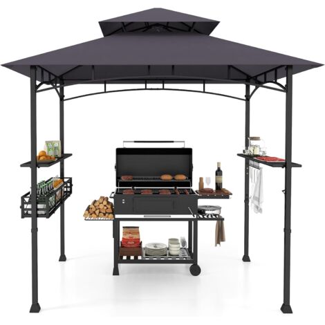 GOPLUS Tonnelle pour Barbecue, Abri Barbecue Extérieur avec Dessus à 2 Niveaux, Crochets, Décapsuleur, Abri pour Barbecue à Dessus Souple, pour Jardin, Cour(242x153x250CMGris Foncé)