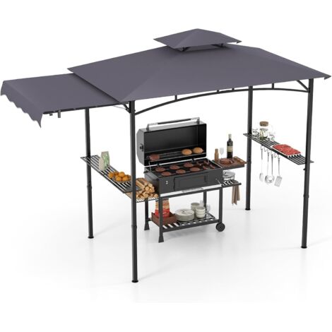 GOPLUS Tonnelle pour Barbecue avec Auvent Latéral, Abri Barbecue Extérieur avec Dessus à 2 Niveaux, Crochets, Décapsuleur, Dessus Souple, pour Jardin, Cour (242+84x126x250CMGris Foncé)
