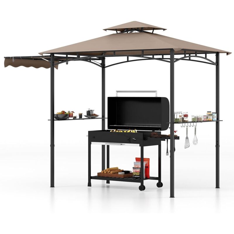 Tonnelle pour Barbecue avec Auvent Latéral, Abri Barbecue Extérieur avec Dessus à 2 Niveaux, Crochets, Décapsuleur, Dessus Souple, pour Jardin, Cour