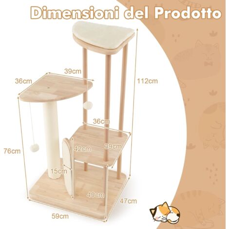 GOPLUS Torre per Gatti a più Livelli 59 x 47 x 112 cm, Albero per Gatti in Legno, Tappeto Sisal e Palo per Graffi, 2 Giochi Pensili, Centro Attività per Gattini e Gatti Adulti Grandi