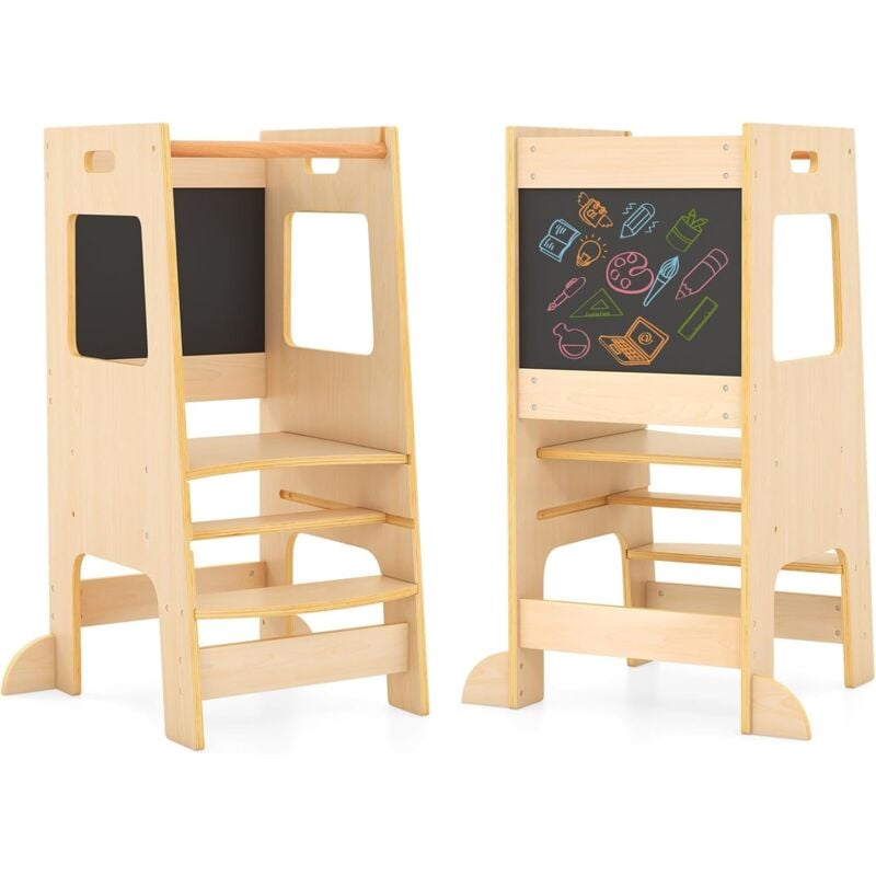 Goplus - Tour d'Observation Enfant Montesorri avec Tableau Noir,Marchepied de Cuisine pour Enfants Réglable, Aide de Cuisine pour Bébé, Marchepied