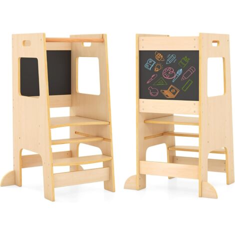 Tour D'apprentissage YOLEO Transformable - Tableau Noir/Blanc - Bois Naturel - Pliable - 70kg Max