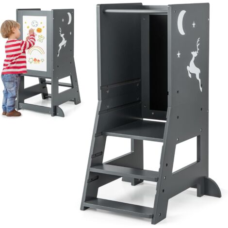 GOPLUS Tour d'Observation Montessori Enfants Bois avec Tableau Blanc, Tableau Noir, 3 Feutres, Tour d'Apprendissage Plate-Forme et Marches Réglables, Garde-Corps Amovible pour 1-7 Ans (Gris)
