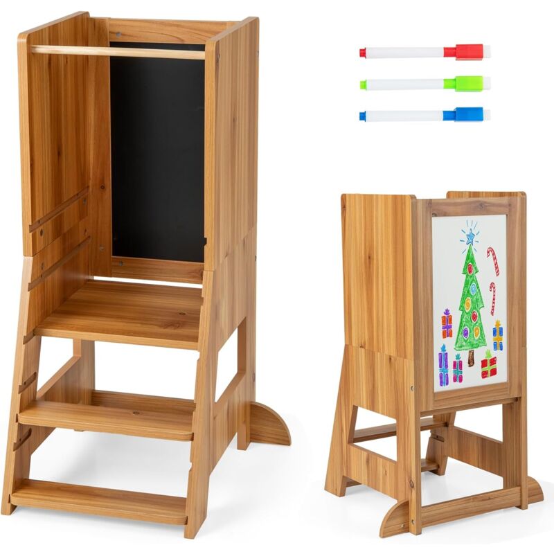 Tour d'Observation Montessori Enfants Bois avec Tableau Blanc, Tableau Noir, 3 Feutres, Tour d'Apprendissage Plate-Forme et Marches Réglables,