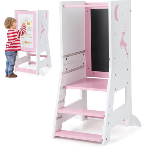 GOPLUS Tour d'Observation Montessori Enfants Bois avec Tableau Blanc, Tableau Noir, 3 Feutres, Tour d'Apprendissage Plate-Forme et Marches Réglables, Garde-Corps Amovible pour 1-7 Ans (Rose)