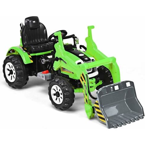Tracteur electrique 12 v pour enfants 3-5 km/h avec télécommande, remorque,  godet à creuser/à pelle, lecteur mp3, usb,pahres 3 à 8 ans, vert - Conforama