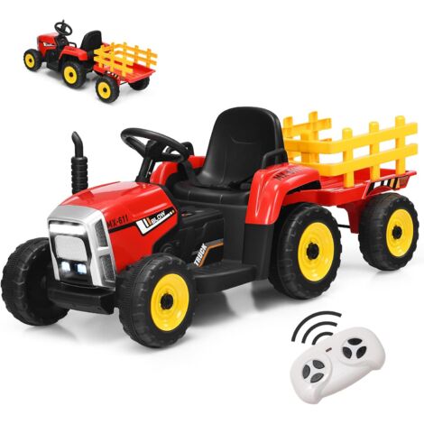 Goplus – Tracteur électrique enfant avec remorque – Batterie 12V – Phare à LED – Ceinture de sécurité – Télécommande – Charge max 30kg – Rouge