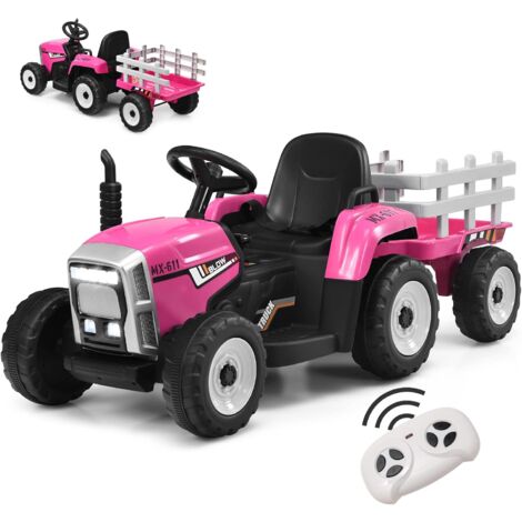 Goplus – Tracteur électrique enfant avec remorque – Batterie 12V – Phare à LED – Télécommande – Ceinture de sécurité – Charge 30kg – Pour 3 ans et plus