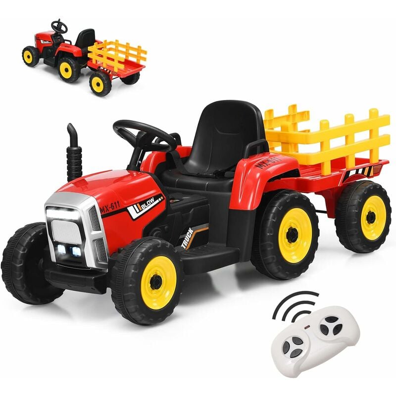 GOPLUS Tracteur électrique Enfant avec Remorque, Batterie 12V, Roue Motrice Arrière et Phare à LED et Musique, Ceinture de Sécurité et Télécommande,