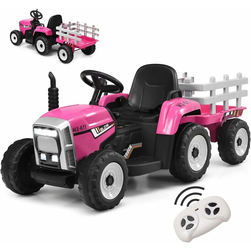 Goplus - Tracteur électrique Enfant avec Remorque,Batterie 12V,Roue Motrice Arrière et Phare à led et Musique, Ceinture de Sécurité et Télécommande,