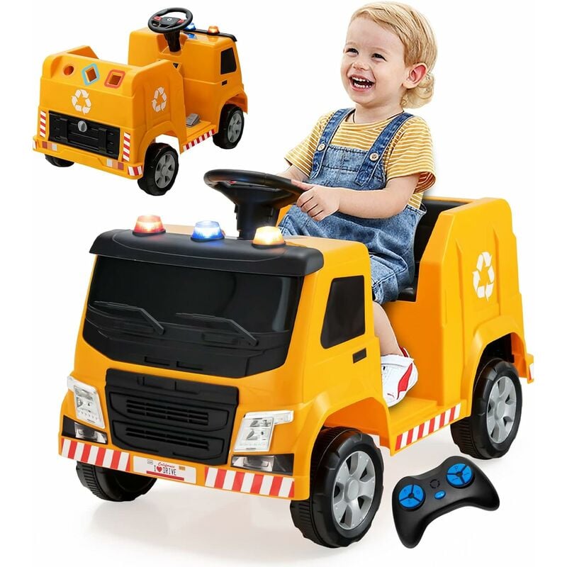Goplus - Tracteur Electrique Enfants 3-8 Ans avec Télécommande 2,4G Camion Poubelle Recyclage électrique 3KM/h 6 Jouets,Lumières et Musique, Voiture