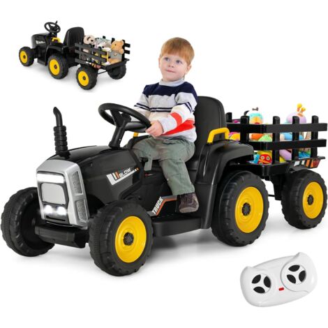 GOPLUS Tracteur Électrique Voiture Enfant avec Remorque,Roue Motrice Arrière et Phare à LED et Musique,Ceinture de Sécurité,Noir