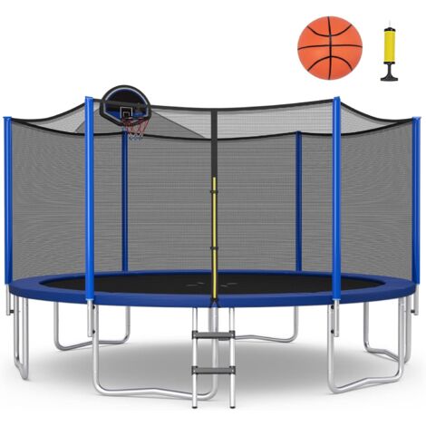 GOPLUS Trampoline d’Extérieur D.366CM avec Panier de Basket/Filet de Sécurité H.180CM/Anti UV,Charge Dynamique 180KG, GS Certifié