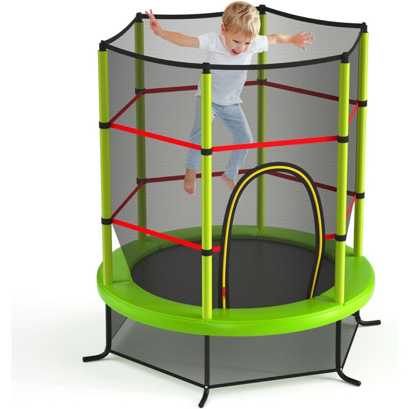 Trampoline Enfant Ø165cm, Cadre en Acier, Trampoline Extérieur et Intérieur avec Filet de Sécurité, Charge Max.136 kg, Vert - Goplus