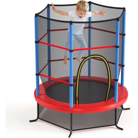 GOPLUS Trampoline Enfant Ø165cm, Trampoline Exterieur et Interieur avec Filet de Securite, Entree Zippee, Bords Rembourres, Capacité de charge Statique de 135 kg/Dynamique de 45 kg(Rouge+Bleu)