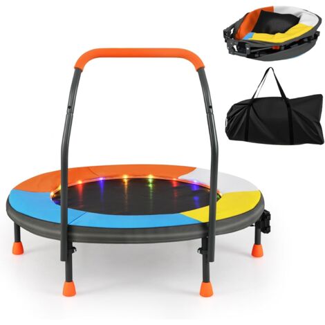 GOPLUS Trampoline pour Enfants φ90CM, Mini Trampoline avec 20 Lumières Réglables et 20 Élastiques, Poignée Pliable en Mousse et Pieds Antidérapants, pour 3 Ans+, Charge 25 kg