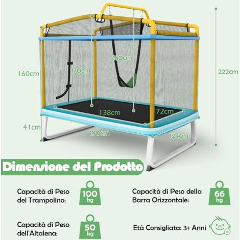 GOPLUS Trampolino Elastico per Bambini, 3 in 1 con Altalena e Barra per Trazioni, Rete di Sicurezza, Interno ed Esterno, Idea Regalo per Bambini 3+