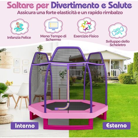 GOPLUS Trampolino per Bambini con Rete di Sicurezza, Trampolino Ricreativo con Materassino Elastico, Robusto Telaio in Acciaio Zincato, 223 x 223 x 186cm