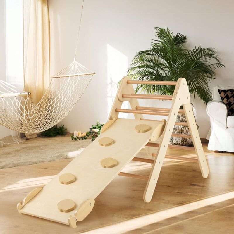 Triangle d'escalade avec Toboggan Rampe Réversible Montessori Bois pour Tout-Petits 1An + Aire de Jeux pour Chambre d'enfant Charge 50KG(Naturel)