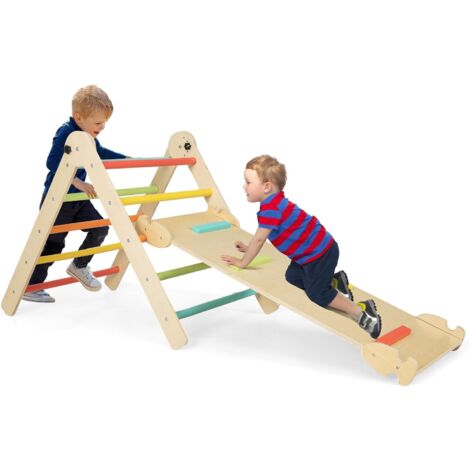 GOPLUS Triangolo da Arrampicata per Bambini, 4 in 1 Set Arrampicata con Scivolo Pieghevole, Arco di Arrampicata a Scala, Triangolo di Gioco in Legno per Arrampicata, per Bambini 3 Anno+ (Colorato)