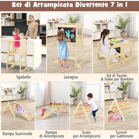 GOPLUS Triangolo da Arrampicata per Bambini, 7 in 1 Set Arrampicata con Scivolo, Arco di Arrampicata a Scala, Triangolo di Gioco in Legno per Arrampicata, per Bambini 1 Anno+ (Colorato)