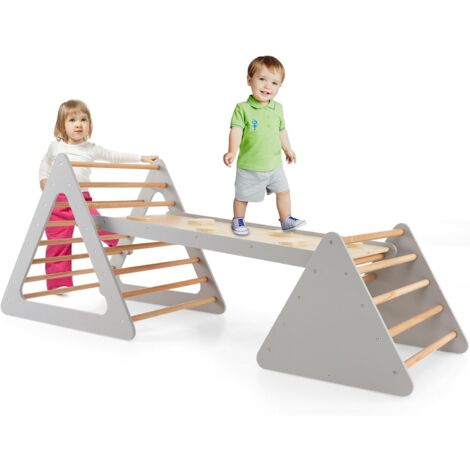 GOPLUS Triangolo da Arrampicata per Bambini con Scivolo, Triangolo di Arrampicata in Legno, Giocattolo a Scala Giocattoli da Arrampicata all'Esterno, Palestre Montessoriano Indoor per Bambini (Grigio)
