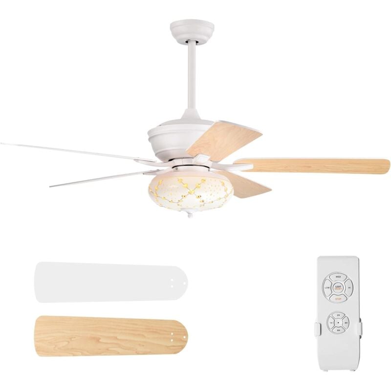 Goplus - Ventilateur de Plafond de 132CM avec Lumière,5 Pales Réversibles,Télécommande,Ventilateur Silencieux à 3 Vitesses,Blanc