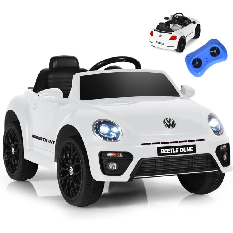 GOPLUS Voiture électrique Enfant 3-8 Ans 12V Coccinelle avec Télécommande 2,4G,1 Place avec LED/Bluetooth/USB,3-5 KM/H,Blanc
